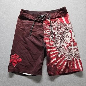 Affliction Mens Board Shorts Skull Cross Red Sunburs Burgundy Swim Trunks 33 Y2K